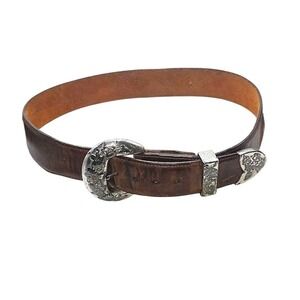 VTG 1993 Brighton Belt 49307 Brown Textured Leather Heavy Silver Buckle Sz L 38"
